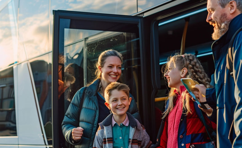 Family boarding UK coach with welcoming driver for private tour in United Kingdom, April 2024, Coachhire.